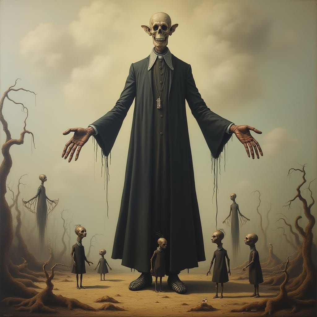 Surreal Priest in Otherworldly Landscape Oil Painting