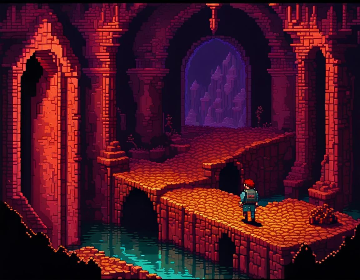 Brave Adventurer in Catacombs: Detailed Pixel Art