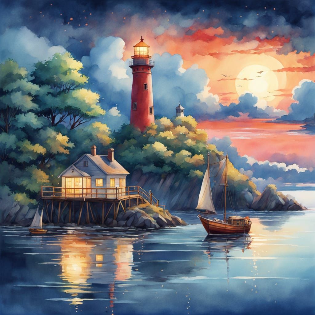 Watercolor Anime Lighthouse in Ghibli Style