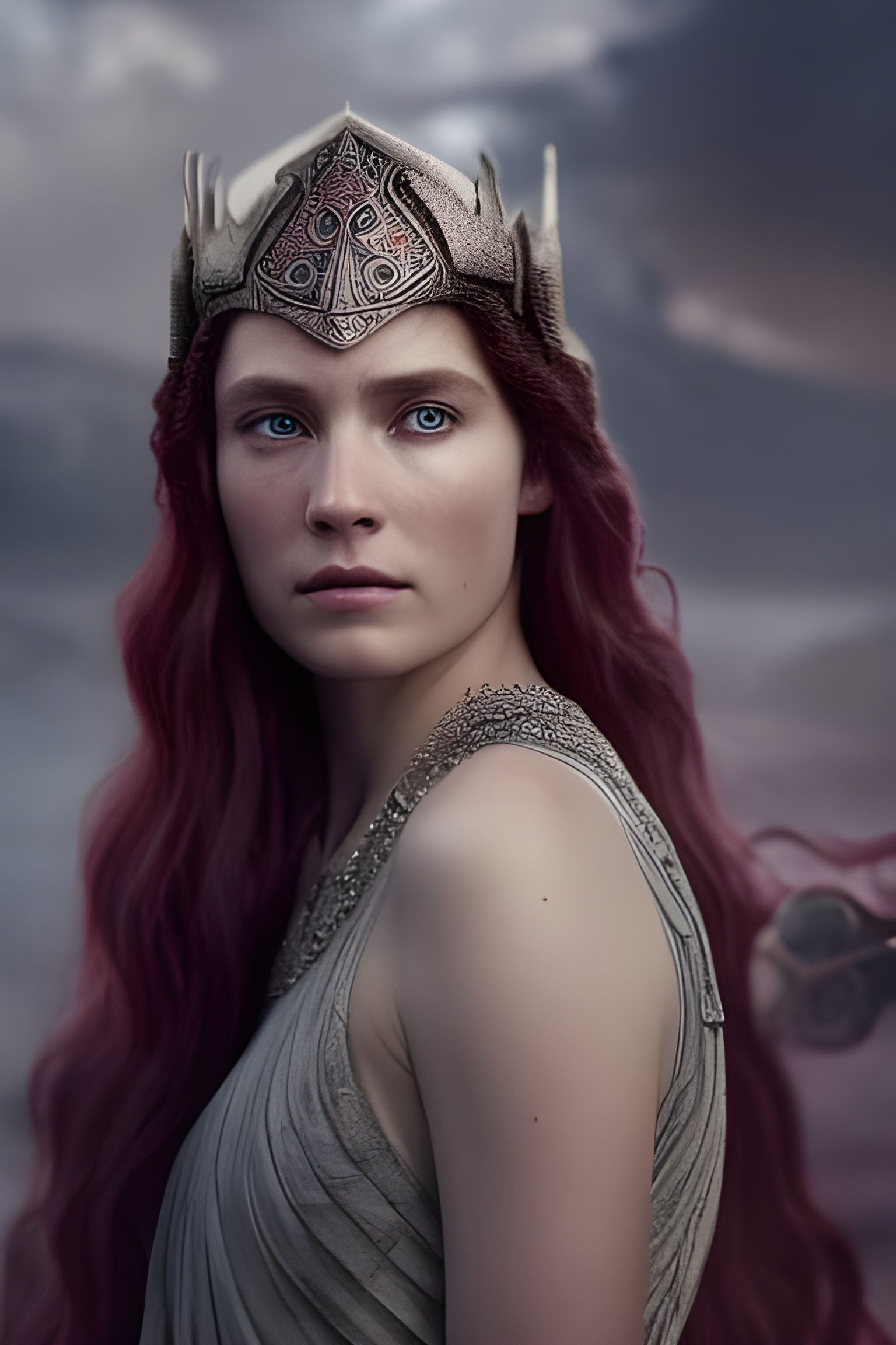 Sad Norse Goddess Freya in Red Bridal Dress