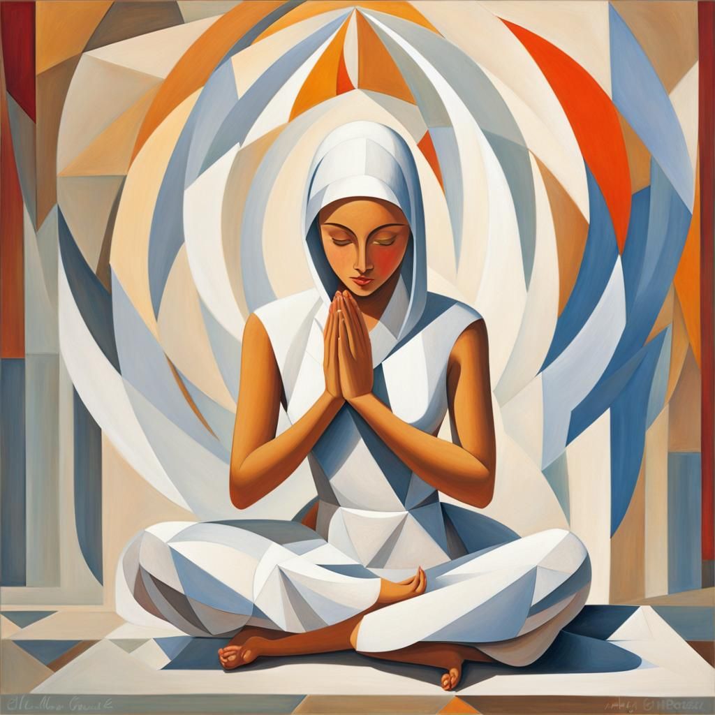 Serene Monk in Lotus Position: Abstract Cubism