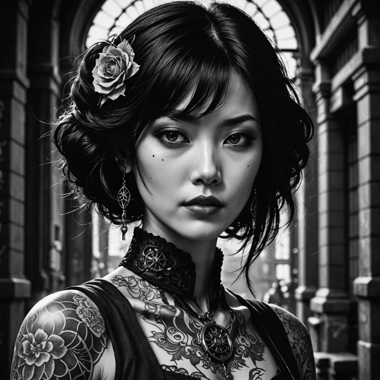 Gothic Japanese Beauty in Monochromatic Shadows