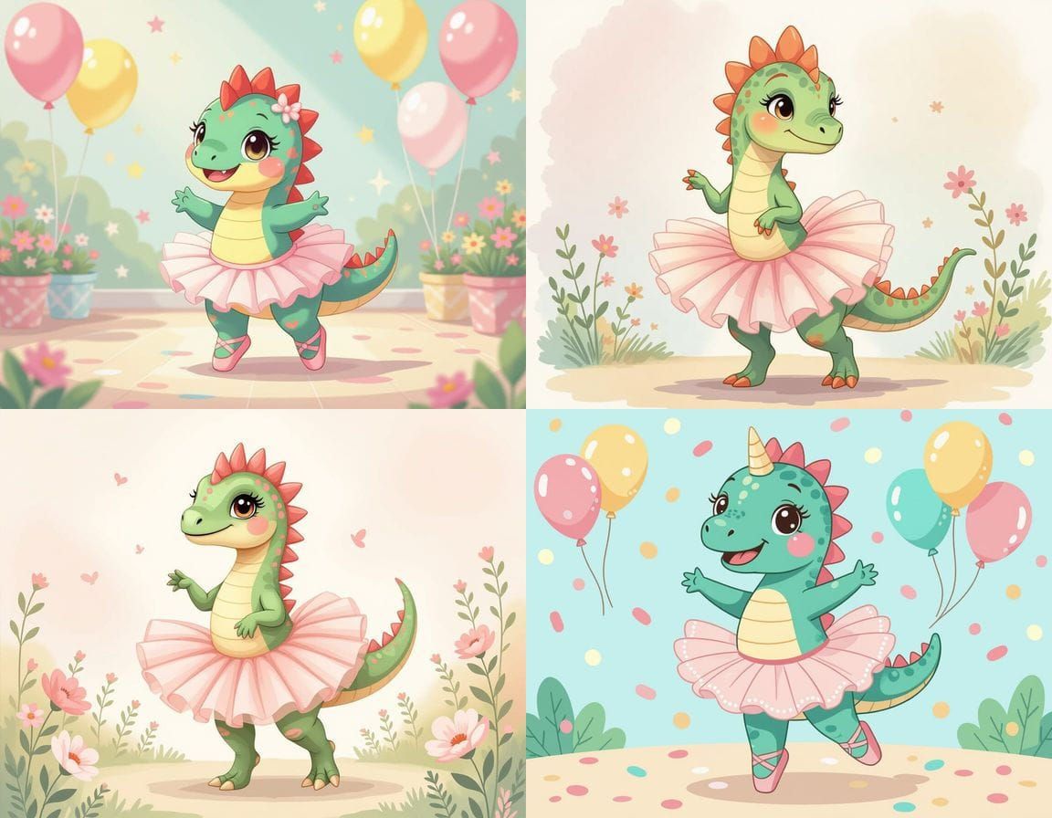 Pastel Cartoon Dinosaur Dancing in Tutu