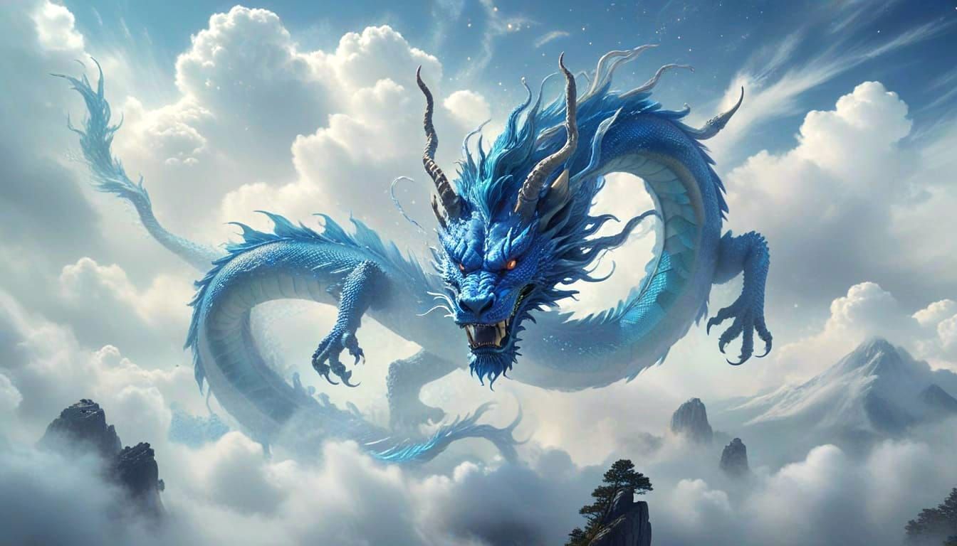 Sapphire Dragon Ascending Through Clouds: Airbrush Art