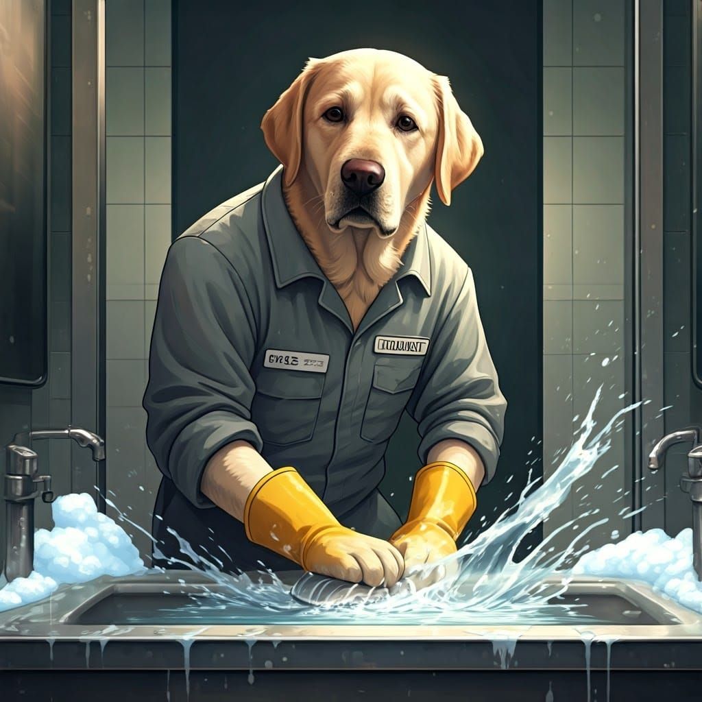 Labrador Janitor Cleans Sink in Manga Style
