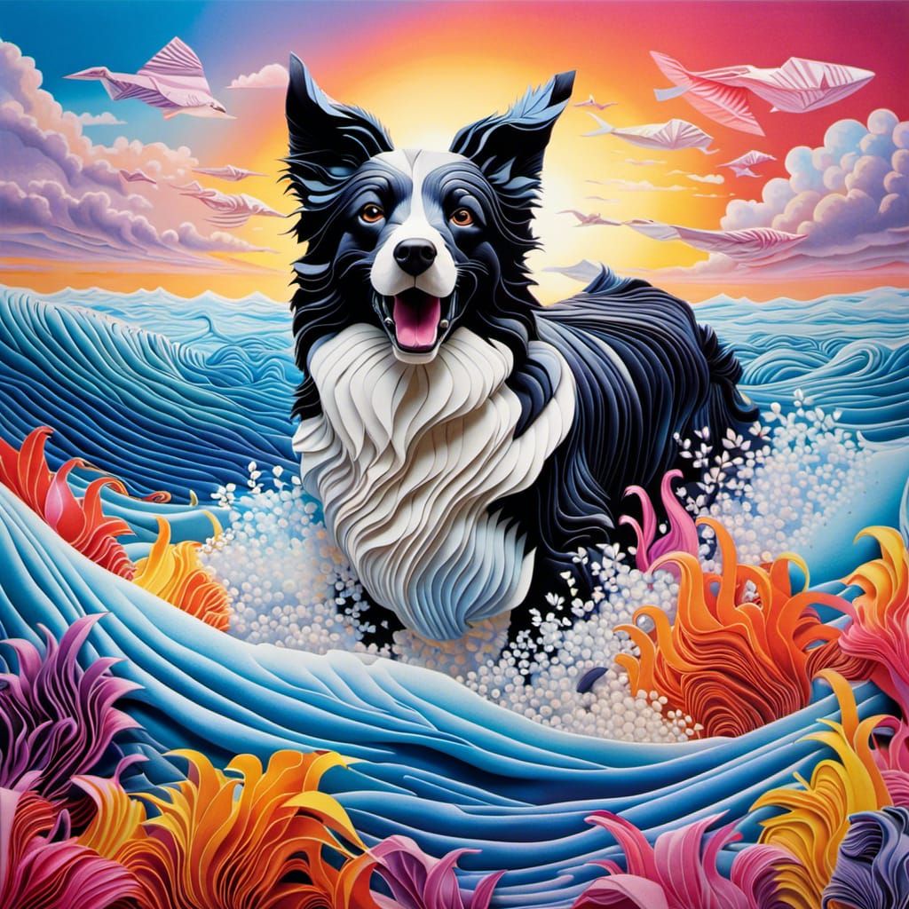 Happy border collie in the sea