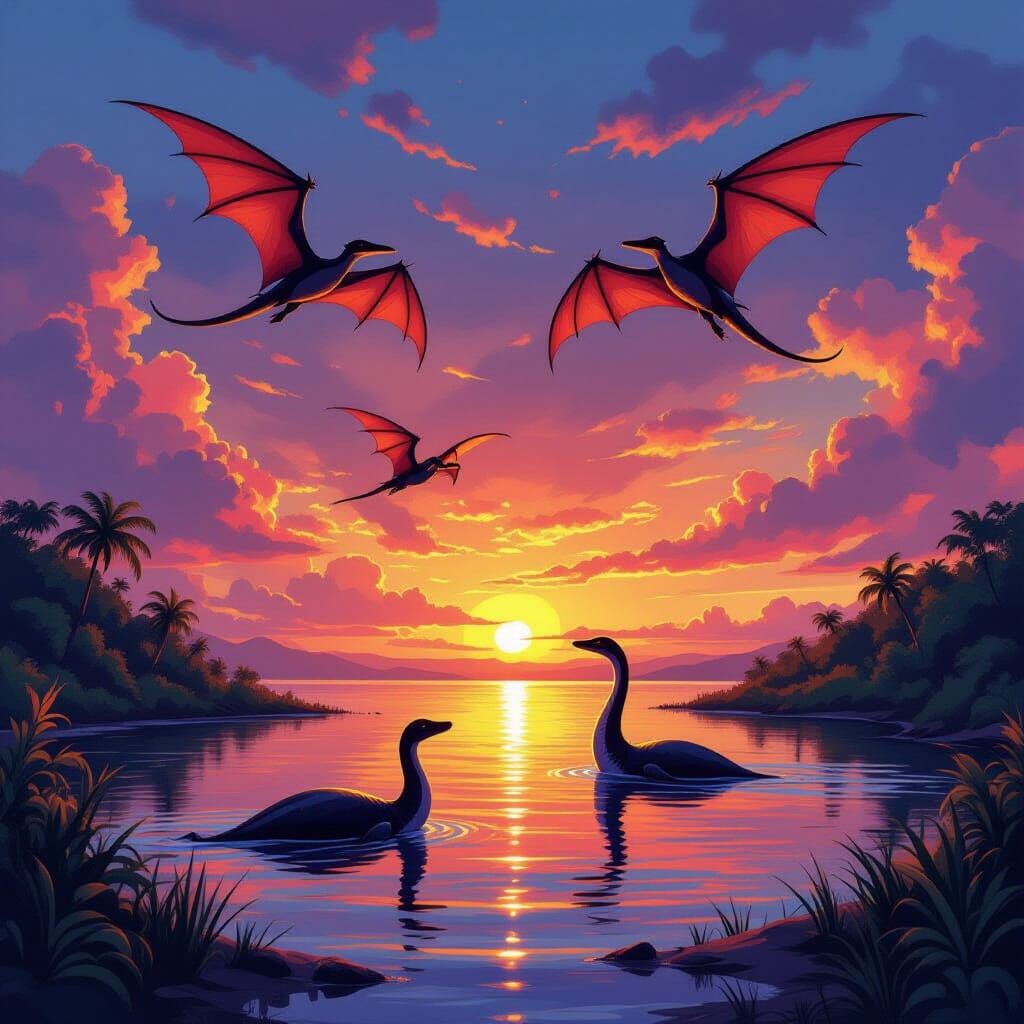 Prehistoric Lagoon Sunset with Flying Pterodactyls