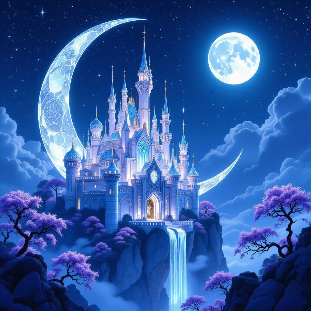 Ethereal Moon Castle with Crystalline Trees