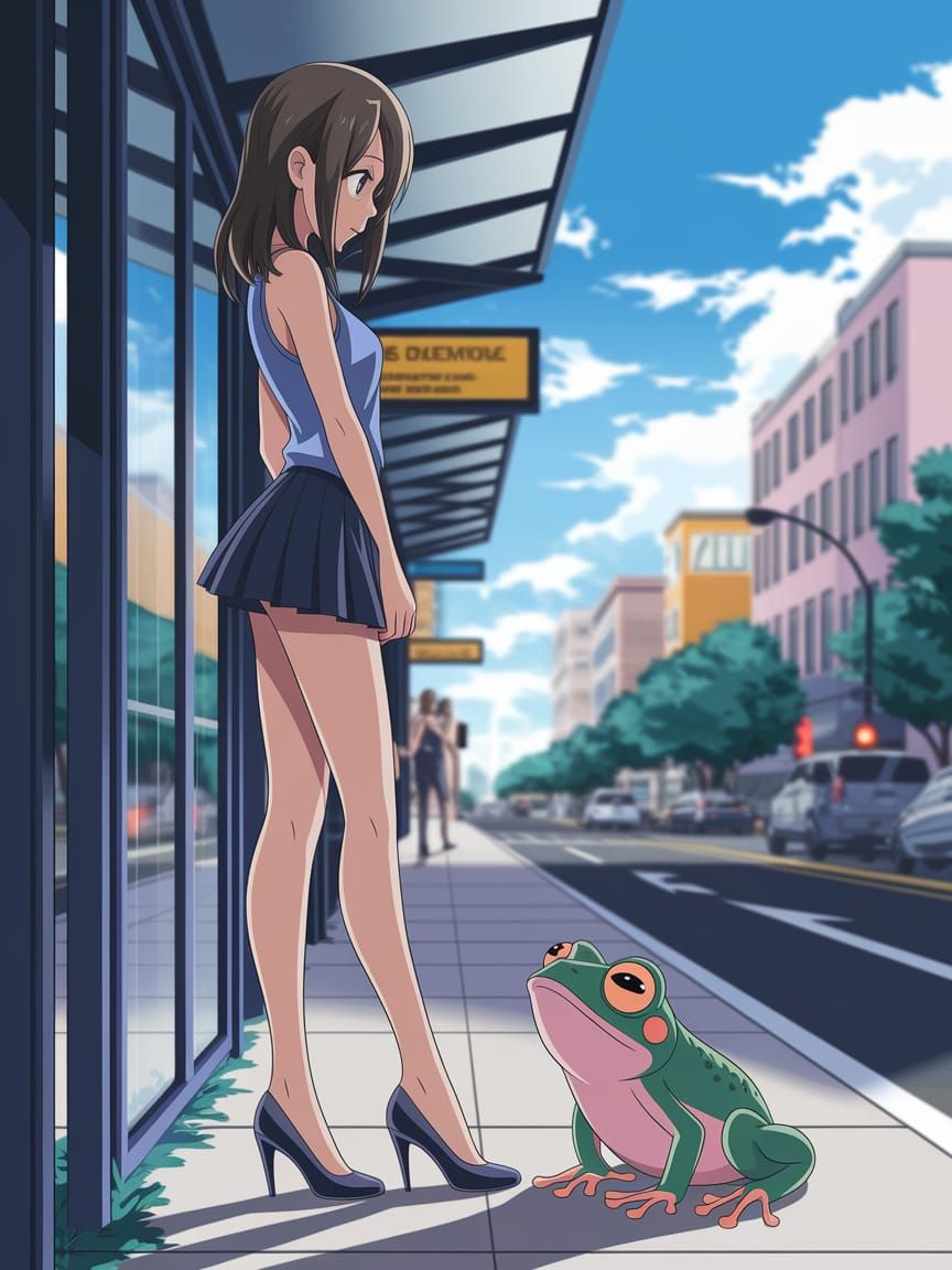 Anime Girl and Surprised Frog at Bus Stop