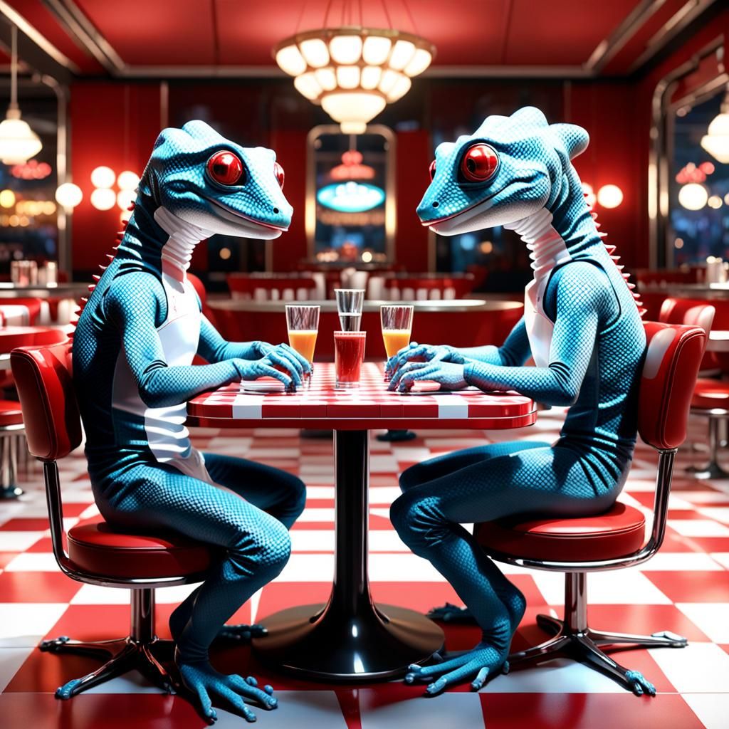 Gecko Diner Scene in Retrofuturism Style