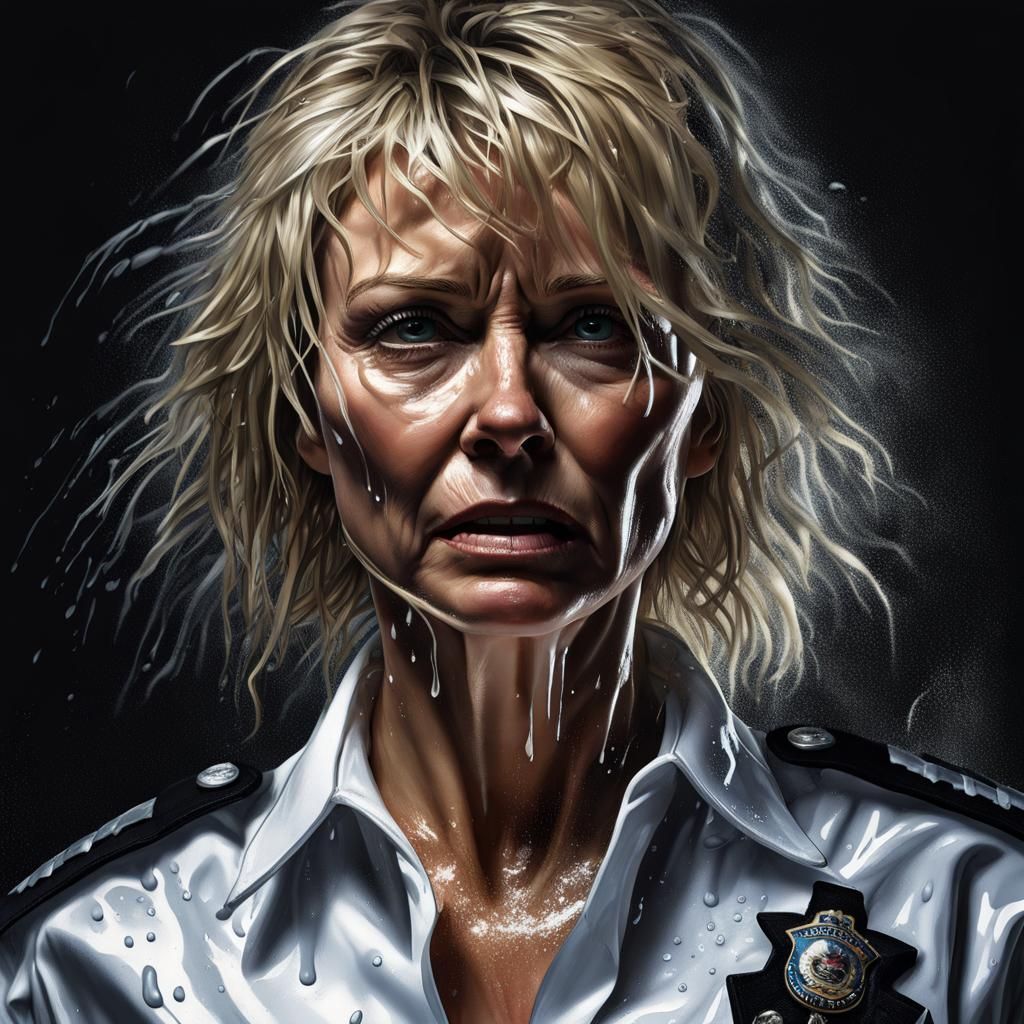Distressed Woman in Police Uniform, Hyperrealistic Close-Up