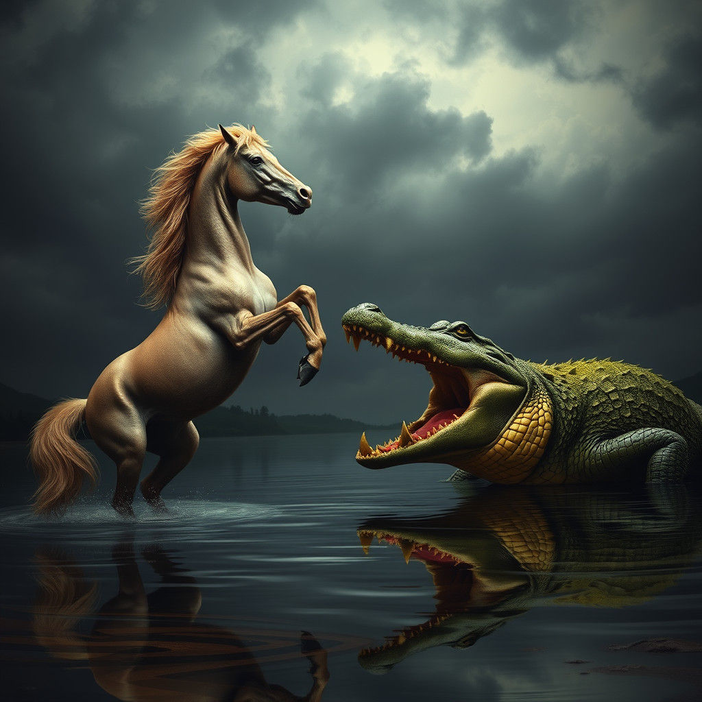 Horse and Crocodile Standoff: Photorealistic Riverbank Drama