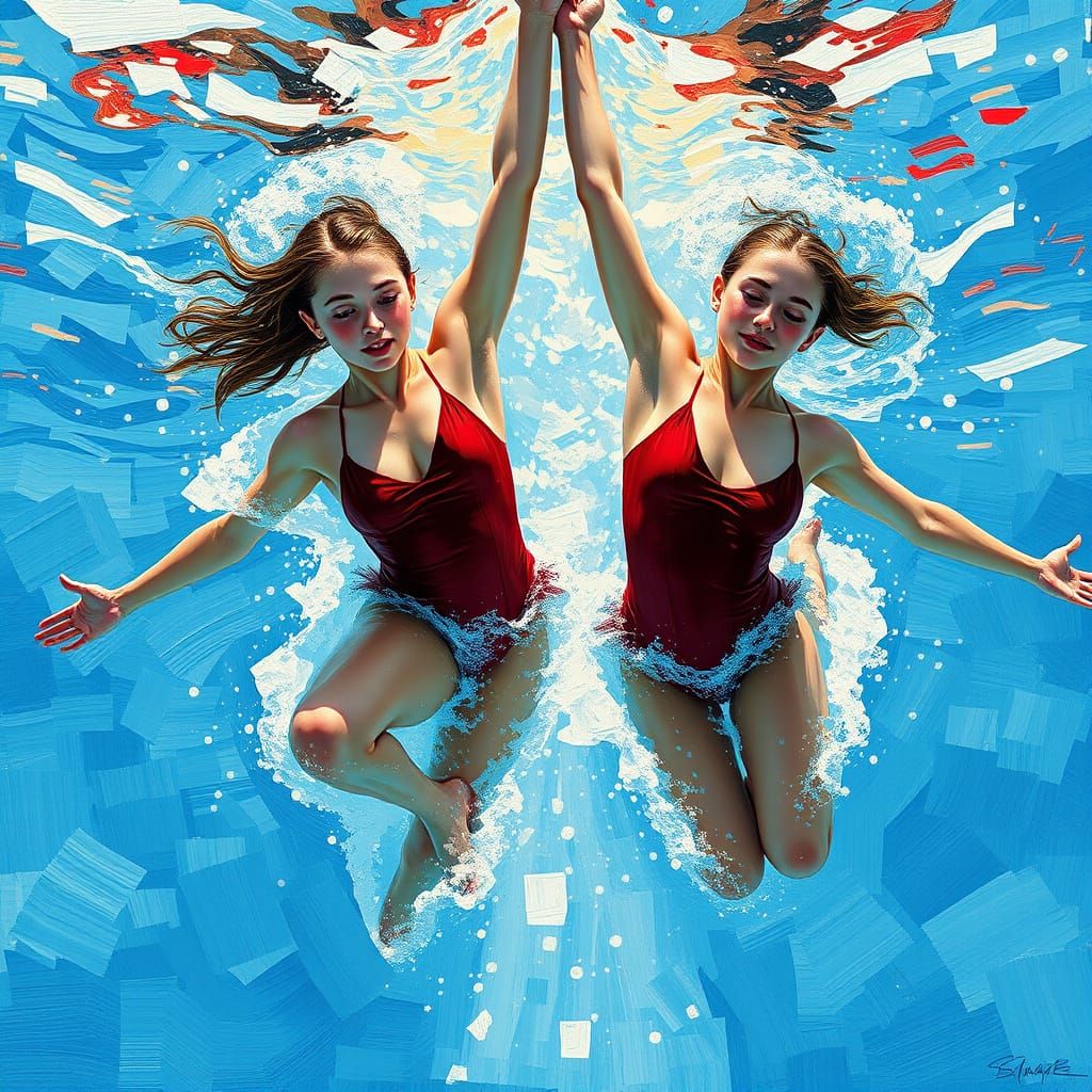Impasto Painting of Synchronized Swimmers in the Water