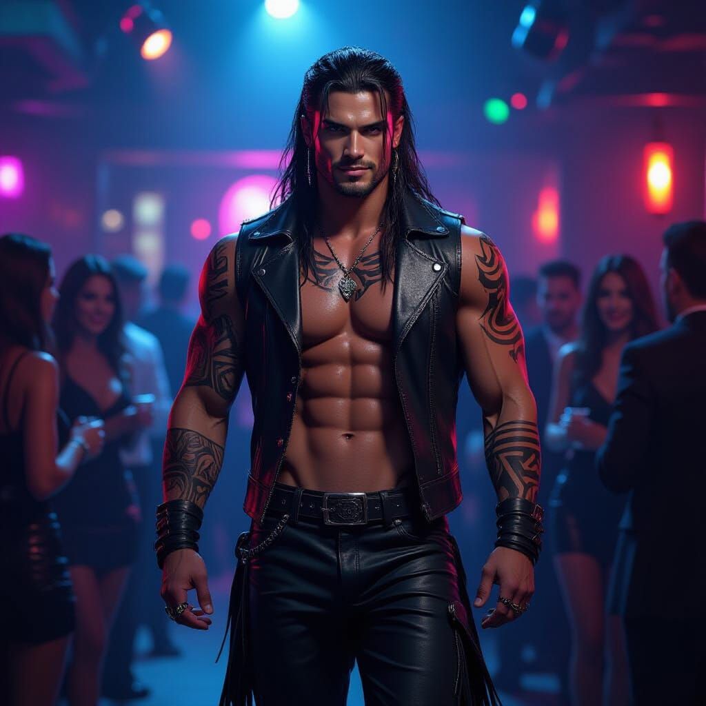 Muscular Man in Nightclub, Tribal Tattoos, Hyperrealistic St...