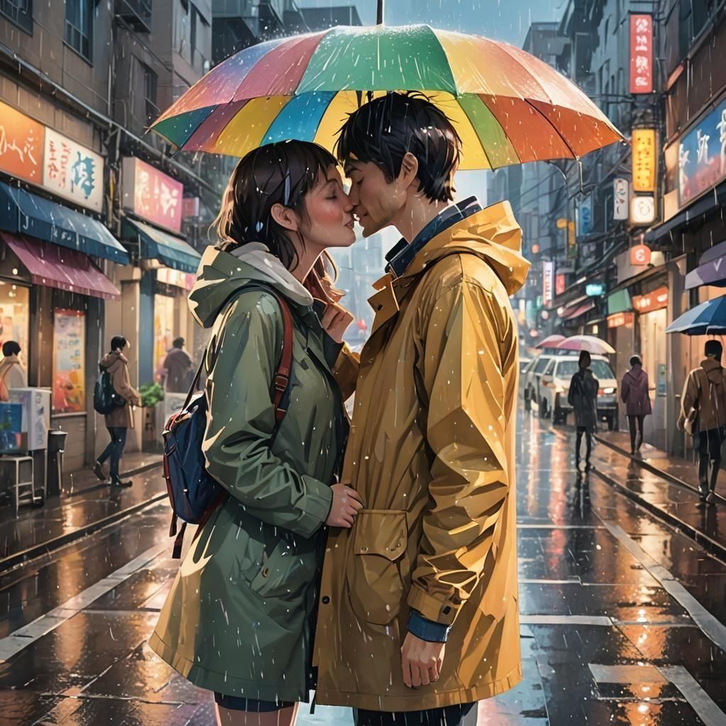 Romantic Rainy Day Kiss in Ghibli Anime Style