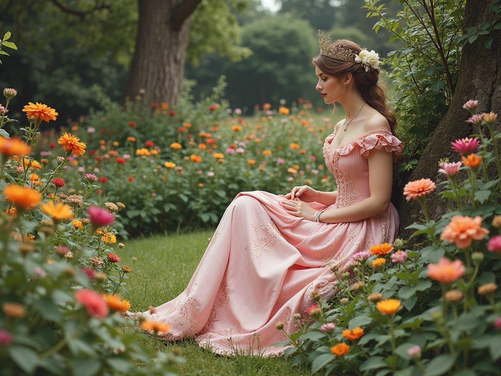 Queen in a Lush Garden, Classical Painting Style