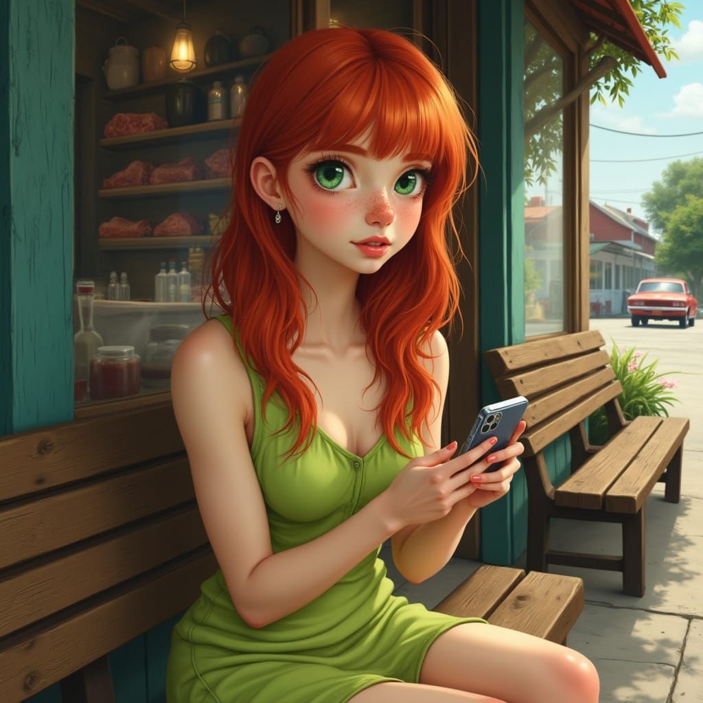 Hyperrealistic Portrait of Redhead in Green Dress