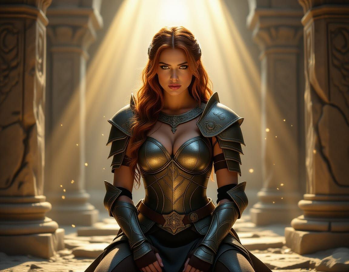 D&D Warrior Kneeling in Ancient Temple, Photorealistic Epic ...