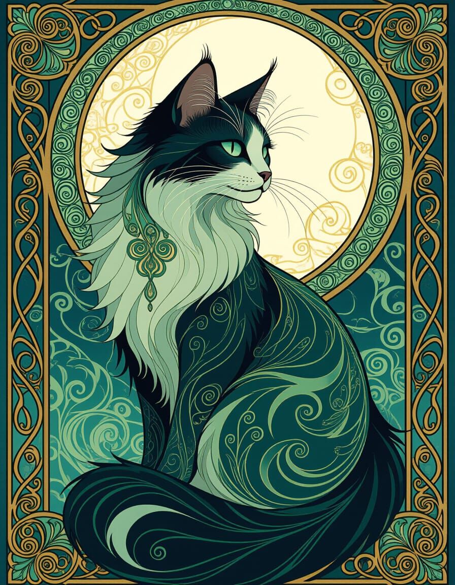Ethereal Spirit Cat in Art Nouveau Style