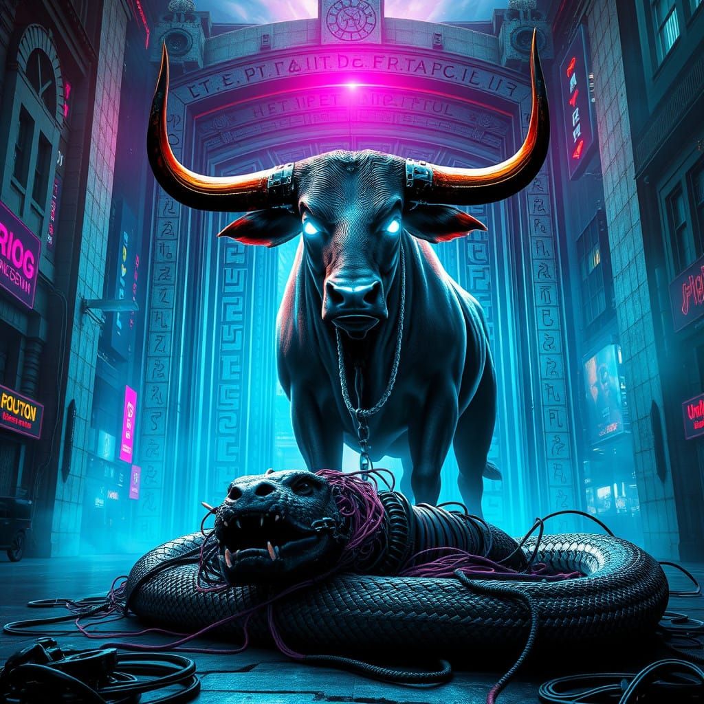 Cyberpunk Bull Stands Victorious in Neon Dystopian Cityscape