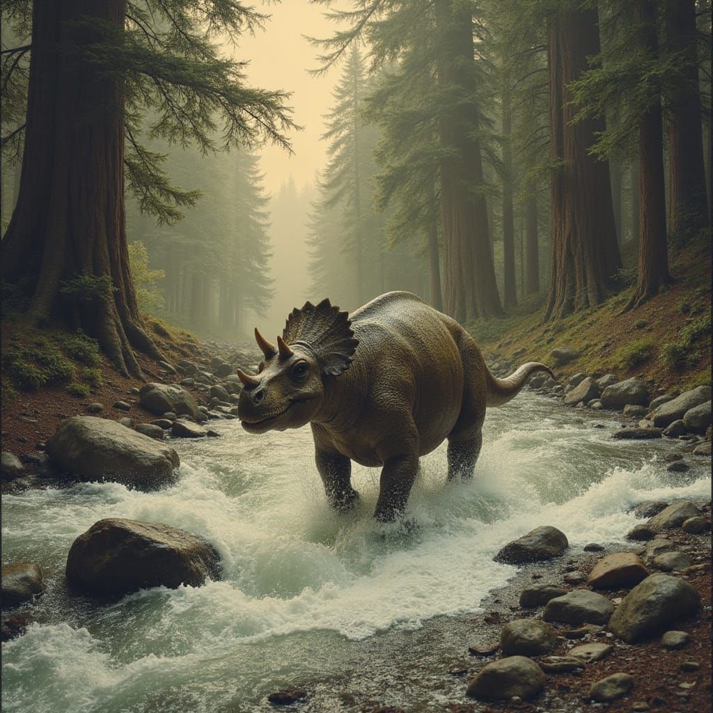 Triceratops Herd Crossing Raging River in Redwood Forest