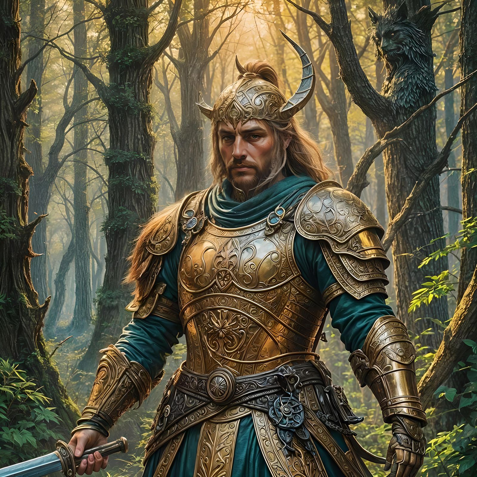Fantasy Warrior in Golden Armor Acrylic Painting
