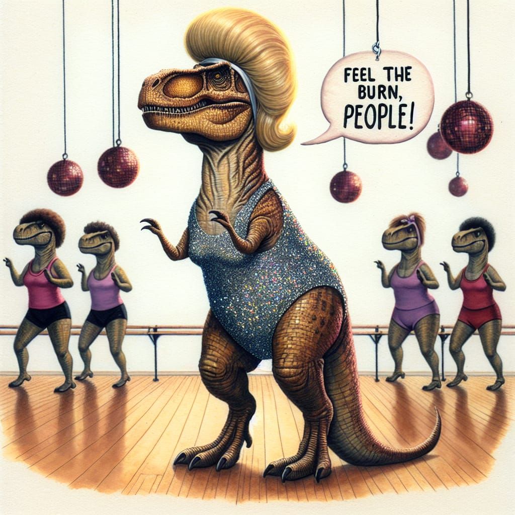 Glamorous T-Rex Aerobics Instructor Directs Class