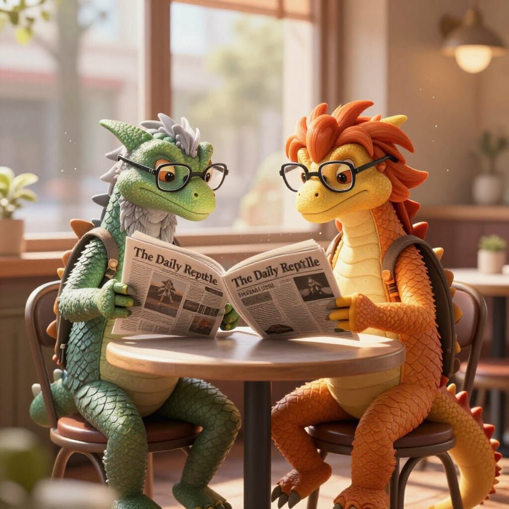 Bearded Dragons Reading Newspaper in Cozy Cafe