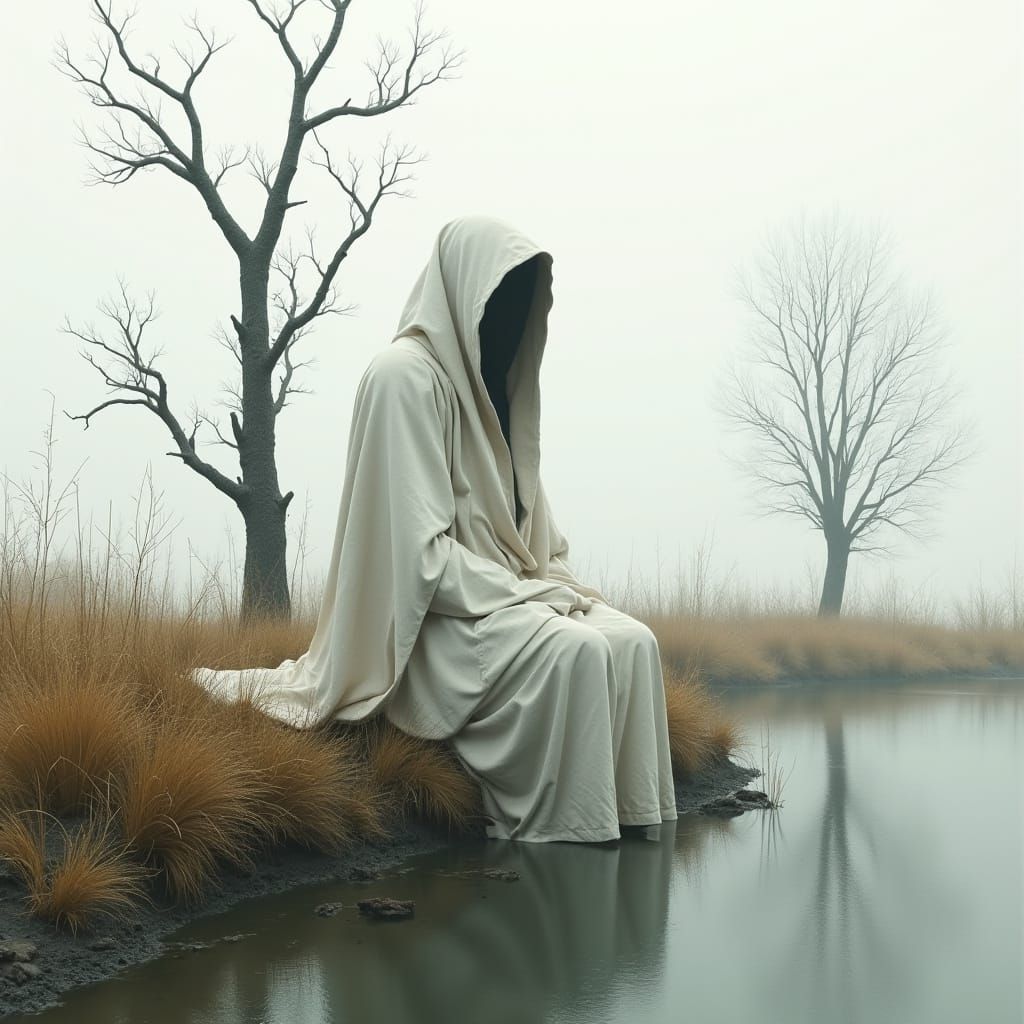 Mysterious Figure in Marsh, Painterly Fantasy Style