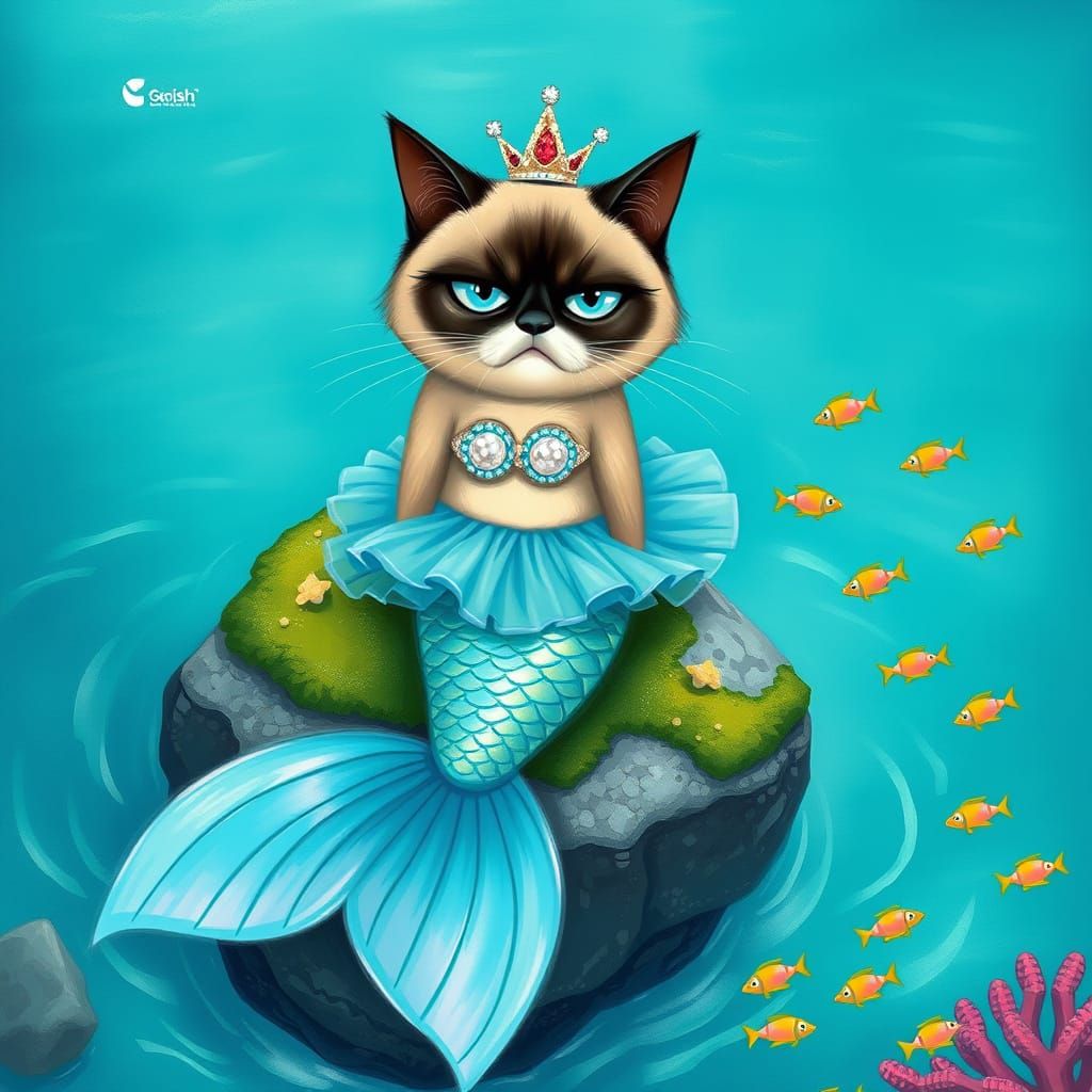 Sassy Mermaid Cat in Whimsical Oceanic Illustration Style