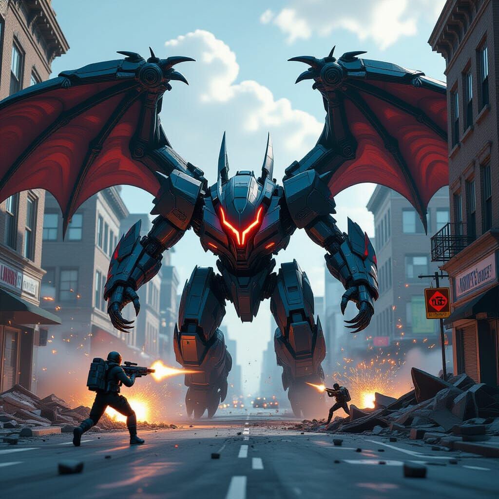 Armored Kaiju Versus Robot Jaeger in Cyberpunk City