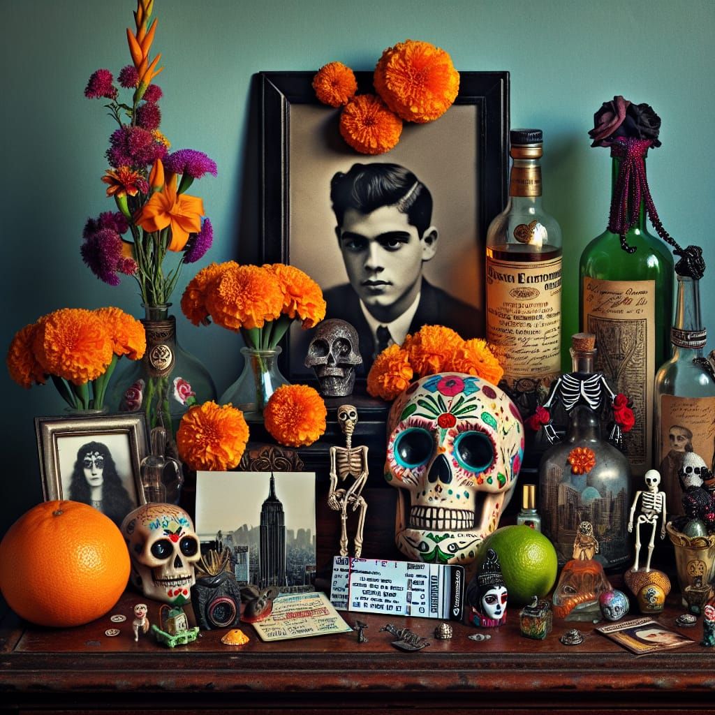 Day of the Dead Ofrenda with Marigolds and Offerings