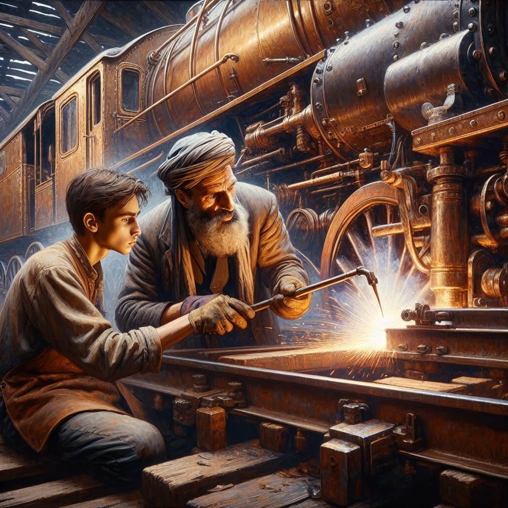 Welder Teaching Apprentice, 19th Century Realism Painting
