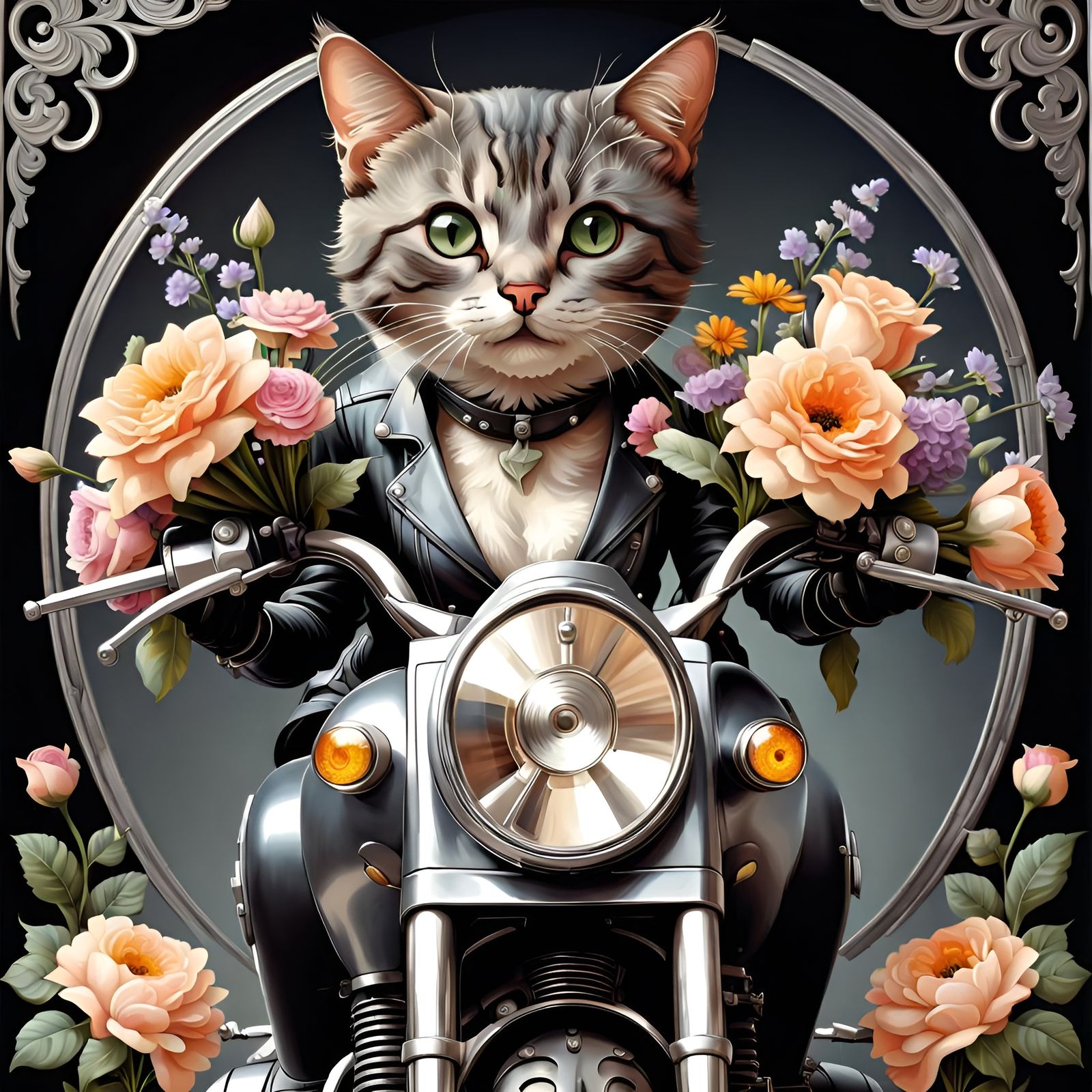 Cat on Motorcycle with Flowers in Rococo Style