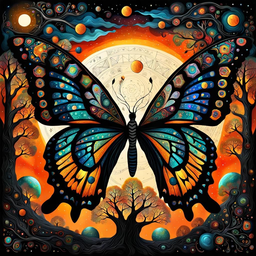 Cosmic Paper Butterfly Folk Art on Black