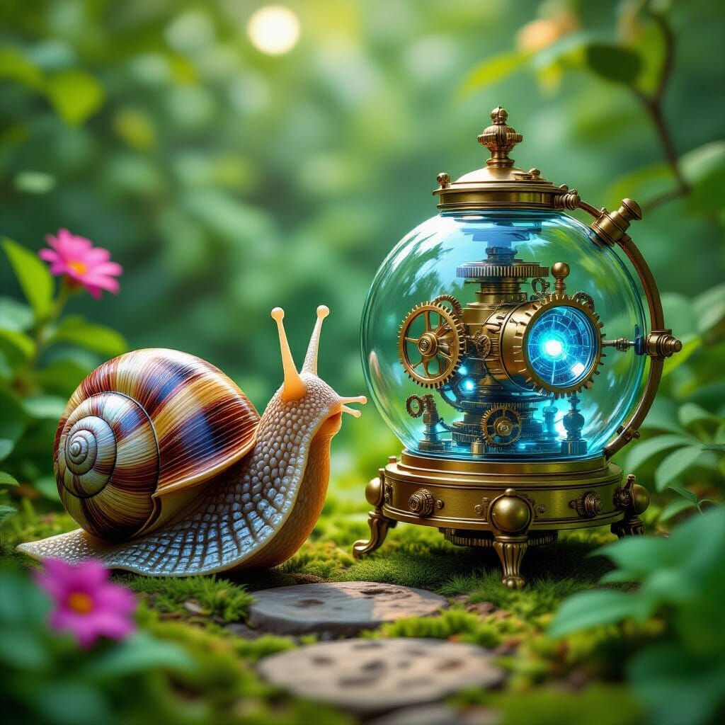 Snail and Steampunk Time Machine in Alien Garden