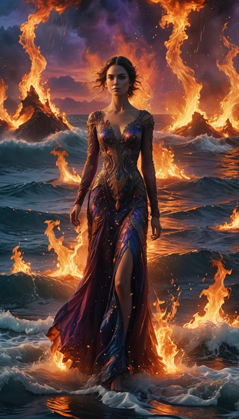 Woman Amidst Burning Fires in the Sea