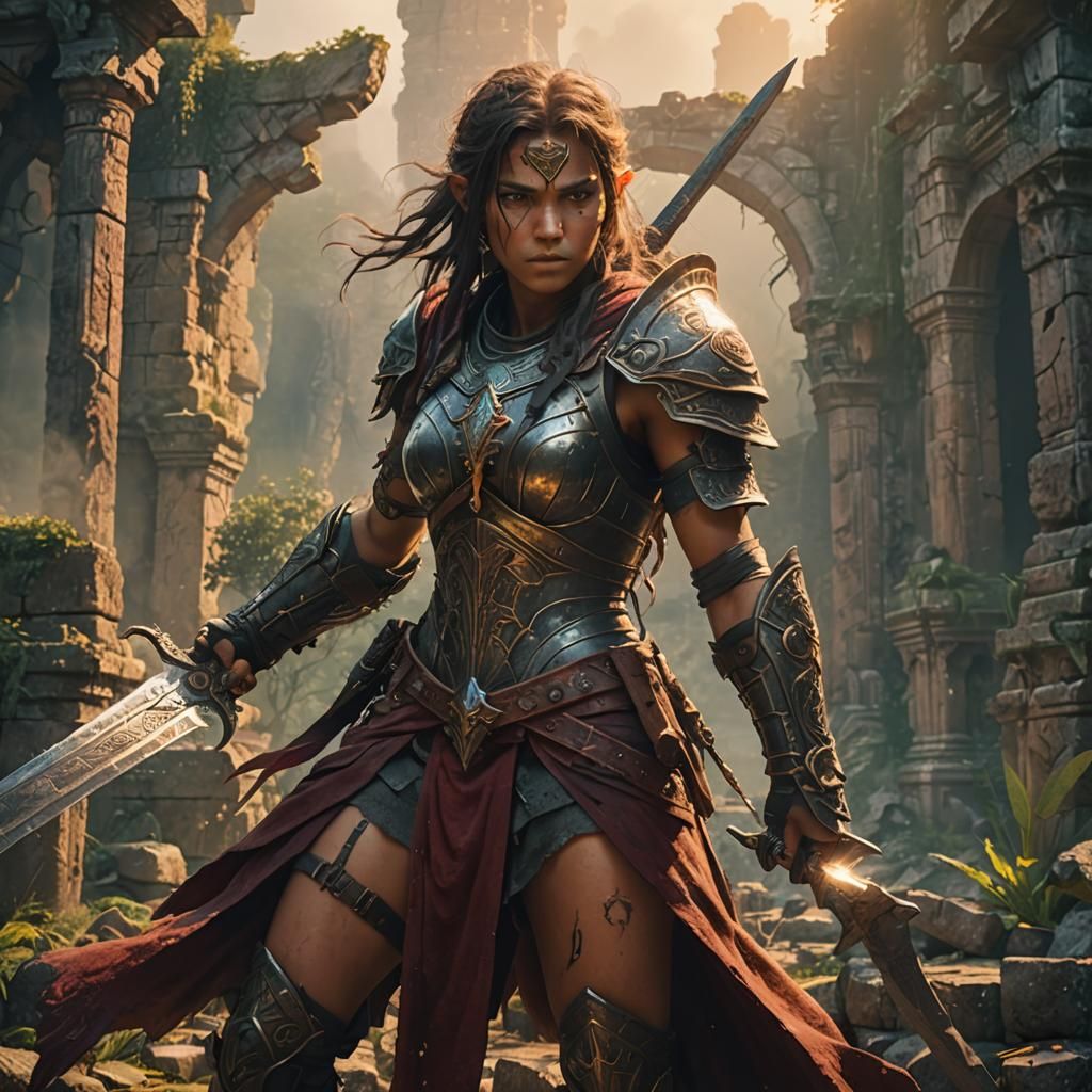 Mystical Warrior Amidst Ancient Ruins in Fantasy Art