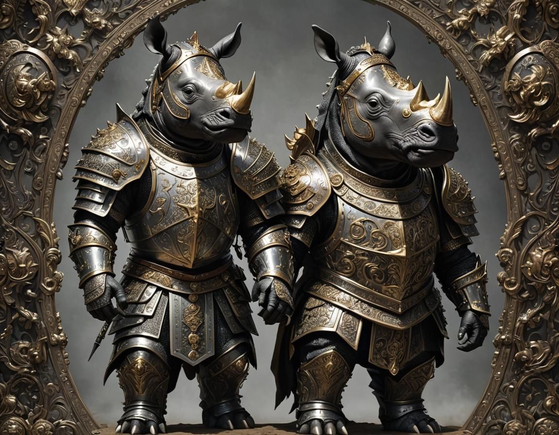 Javan rhinoceros in a highly polished and decorated suit of ...