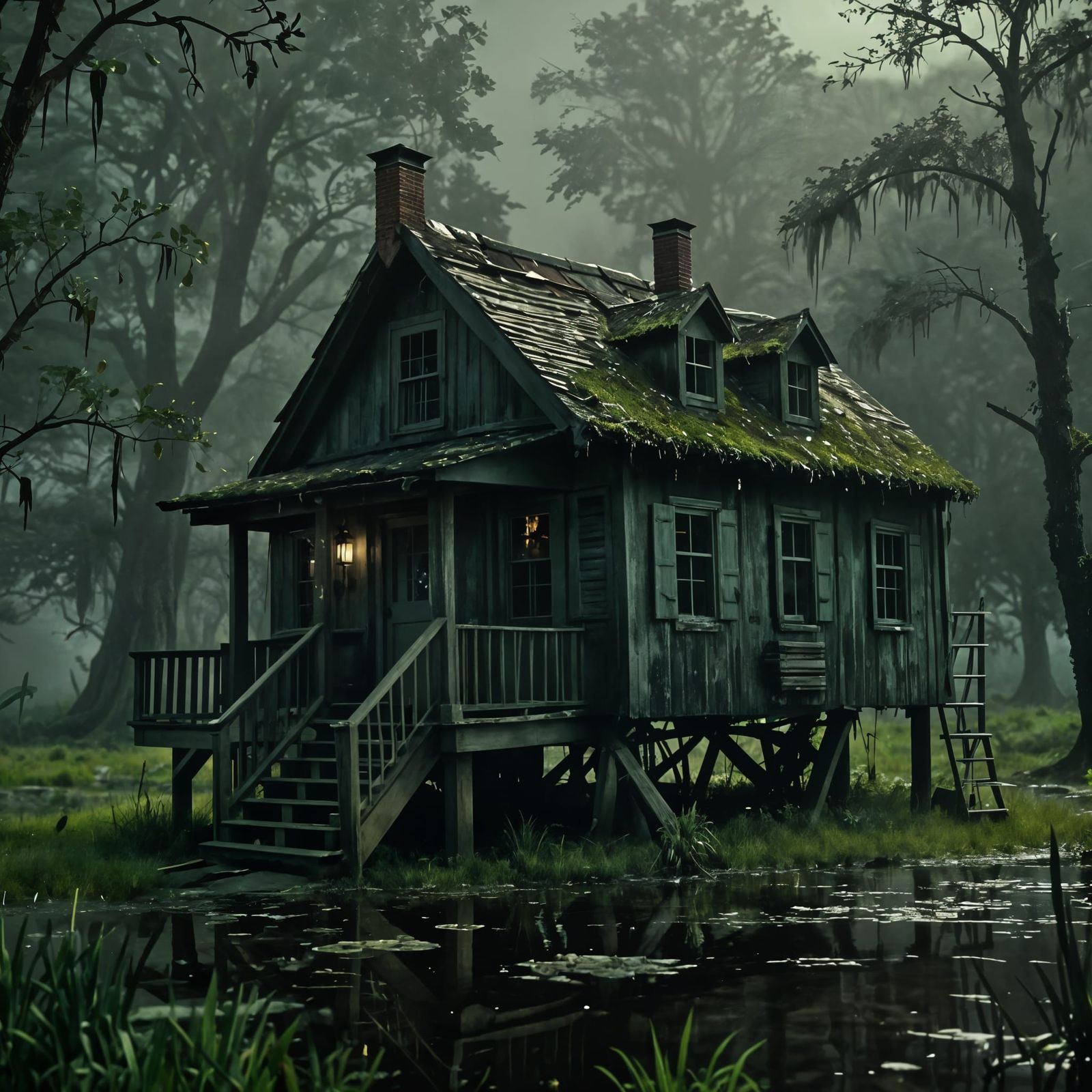 Elegant Abandoned Cabin in a Misty Swamp