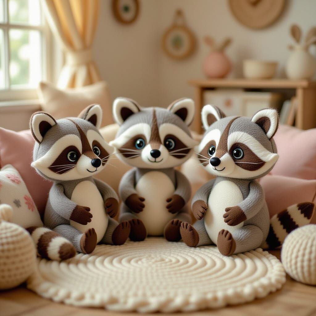 Felt Raccoons in Cozy Living Room, Stop-Motion Style