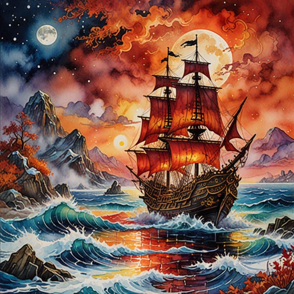 Whimsical Autumn Pirate Ship on BloodMoon Ocean