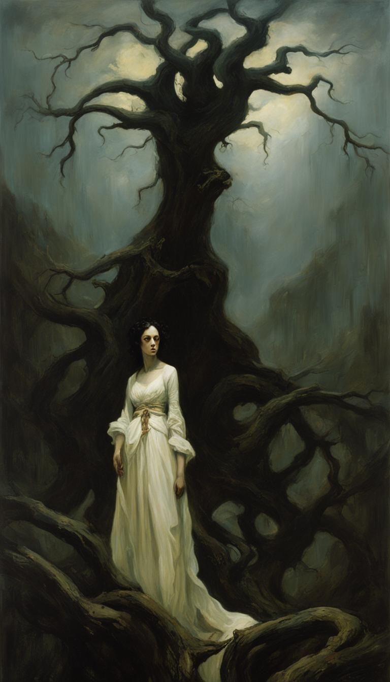Brooding Tree on Dreary Hill: Dark Fantasy Art
