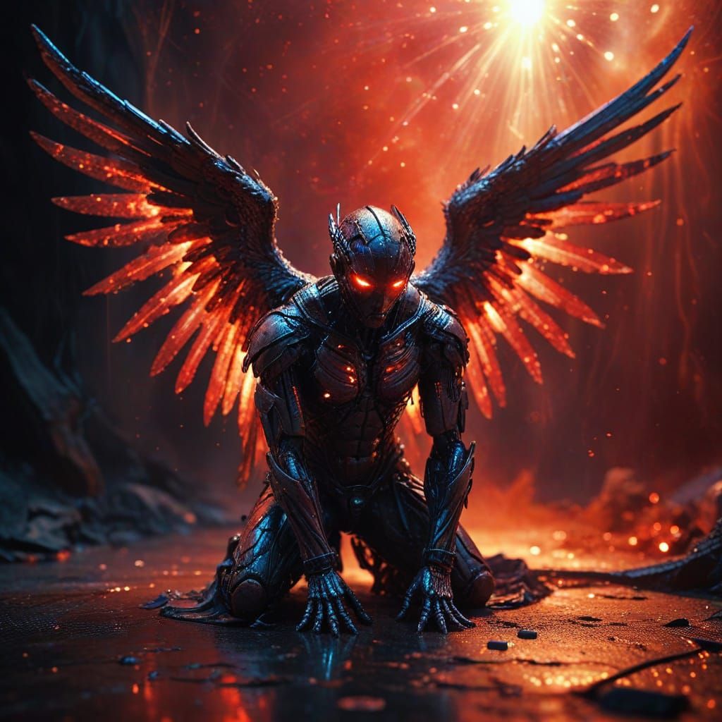 Cybernetic Fallen Angel with Bioluminescent Aura