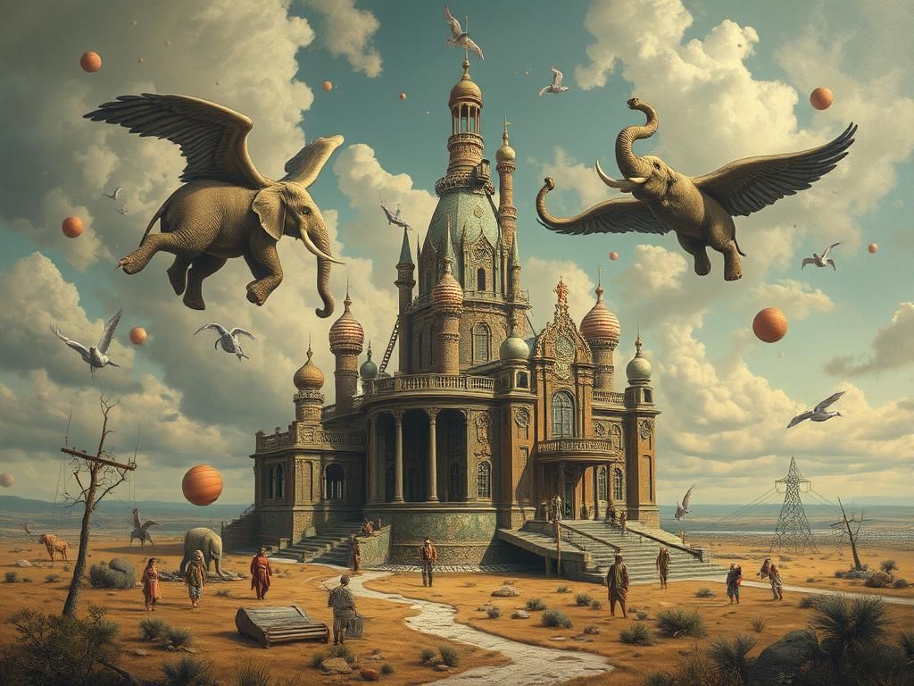 Surreal Architecture in a Dreamlike Landscape Painting