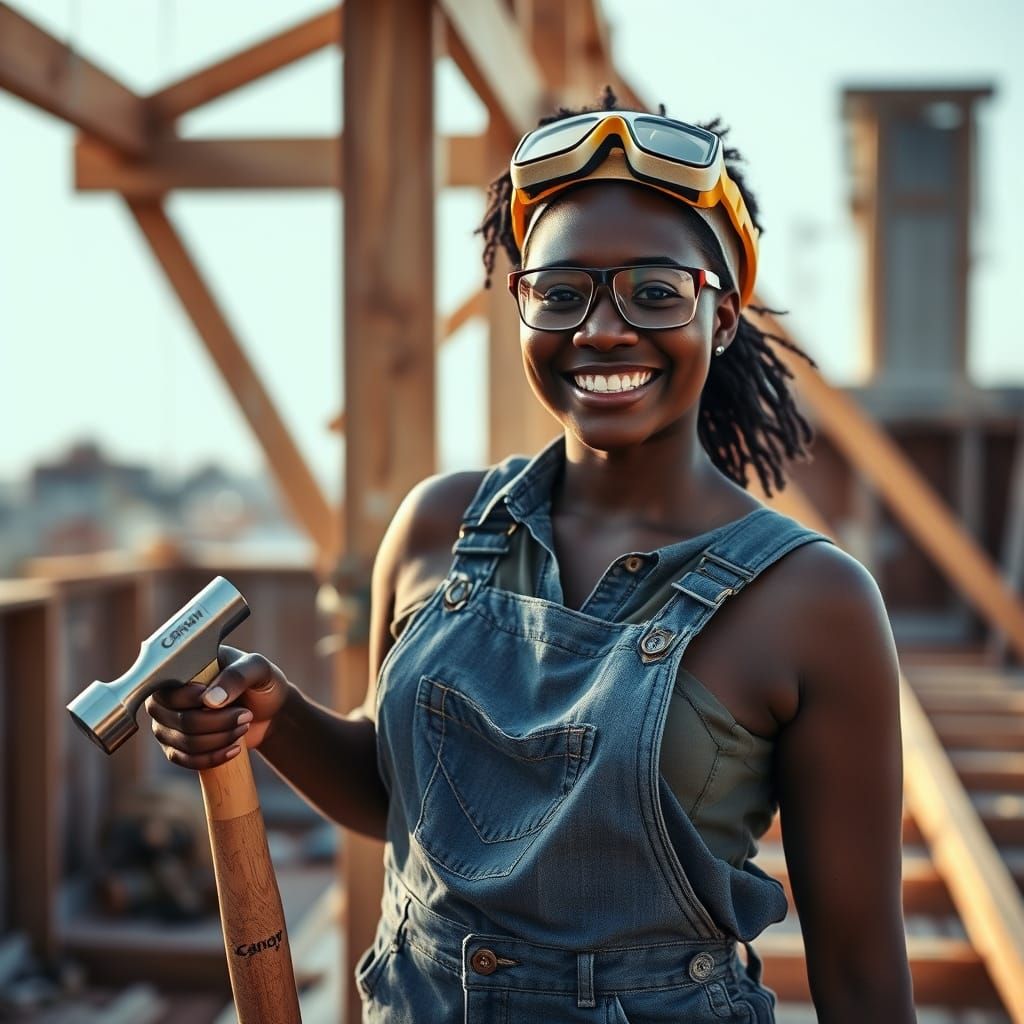 Smiling Black Woman Carpenter on Rooftop