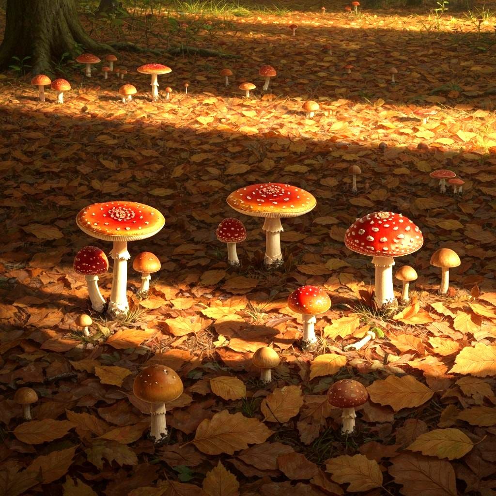 Autumn Forest Mushrooms Among Fallen Leaves