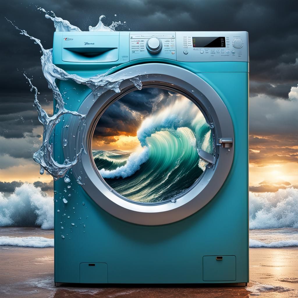 Stormy Sea in Washing Machine: Hyperrealistic Concept Art