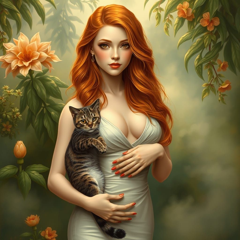 Ginger Woman with Grasscat in Magical Garden