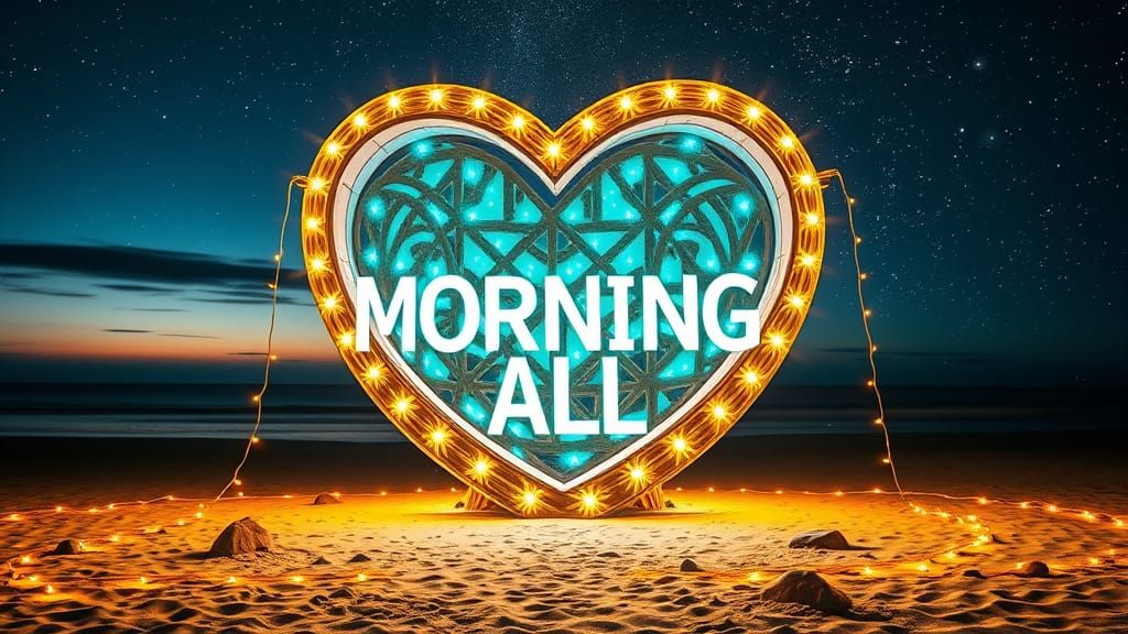 Beach Twilight Light Installation with Pulsing Heart